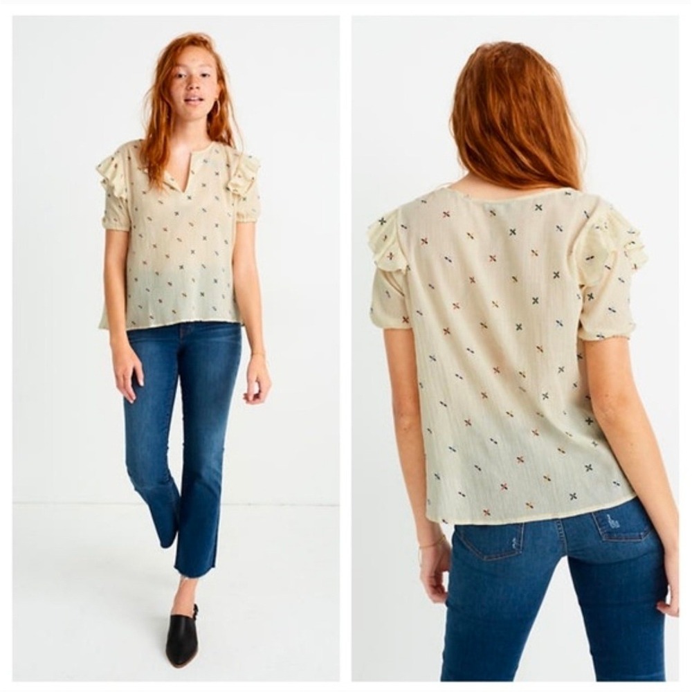 Madewell Embroidered Cottagecore V Neck Flutter Sleeve Tunic Top Cream Size‎ S